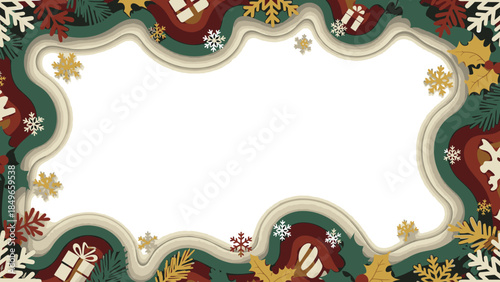 A festive Christmas frame with a green background, adorned with colorful snowflakes, holly, and red berries, perfect for holiday greeting cards or decorations.