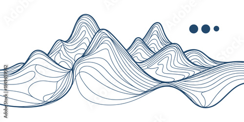 Stylized Blue Line Art Of Mountain Peaks And Wavy Landscape On White Background Keywords: abstract, landscape, mountain, hills, peaks, wavy, lines