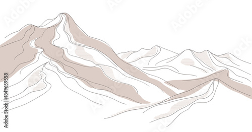 Stylized Line Drawing of Majestic Mountain Peaks in Soft Earth Tones Keywords: mountains, landscape, nature, peaks, hills, ridges, valleys, drawing