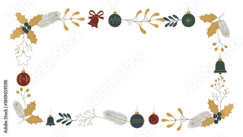 A festive Christmas frame adorned with ornaments, leaves, and ribbons in a colorful arrangement on a white background.