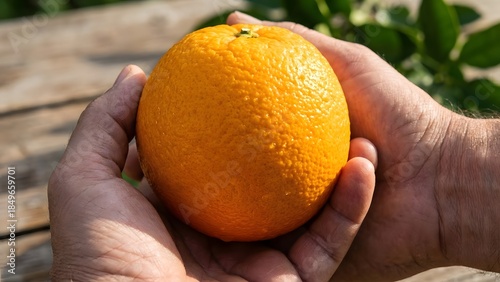 Hands holding a fresh orange outdoors.