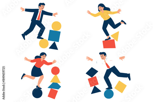 People balancing on geometric shapes