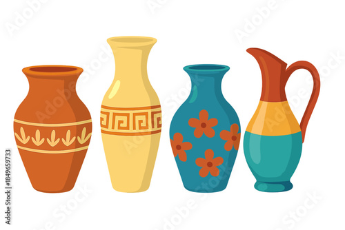 Four decorative vases and pitcher with glowing light