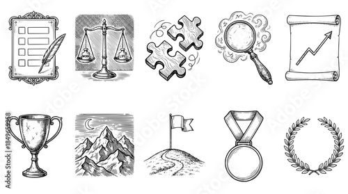 Hand-drawn sketch icons representing business concepts, success, justice, problem-solving, and achievement on a white background.
