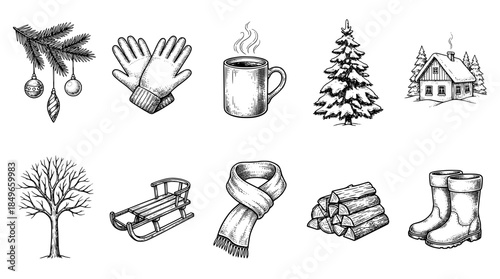 Hand-drawn set of winter season elements including warm clothing, hot drinks, snowy trees, a cozy cabin, and winter sports equipment.