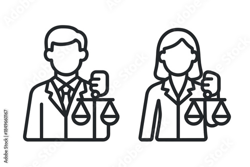 Male and Female Lawyer Icons with Scales of Justice