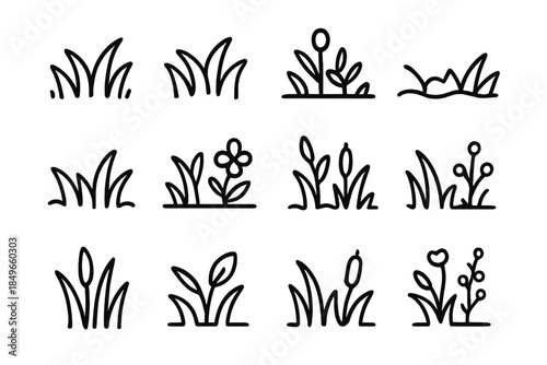Line Art Icons of Grass and Plants