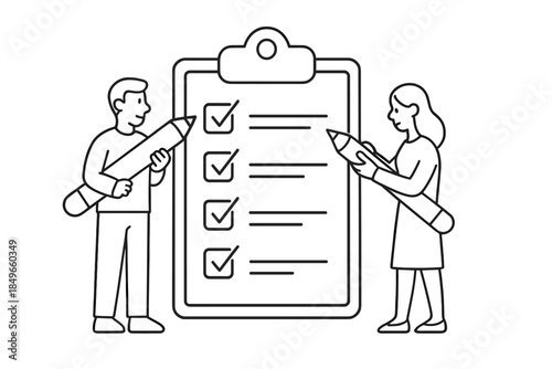 Two people checking items off a list on a clipboard