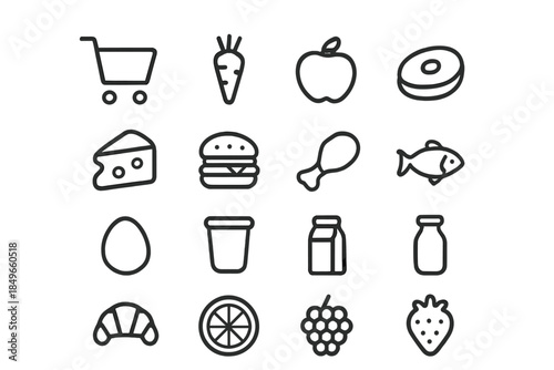 A grid of grocery item icons on a gray background
