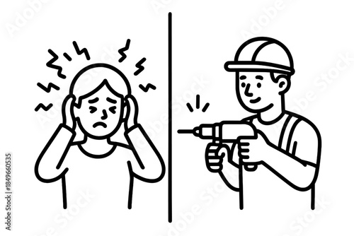 Noise pollution concept: person covering ears from drilling sound