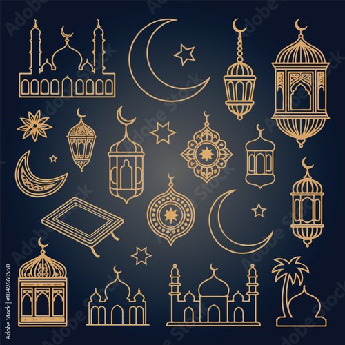 Beautiful collection of ramadan and islamic themed line art icons for worship and celebration