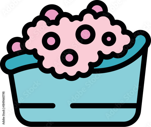 Pink foam with bubbles floating on water in blue basin, representing hand washing or soaking laundry