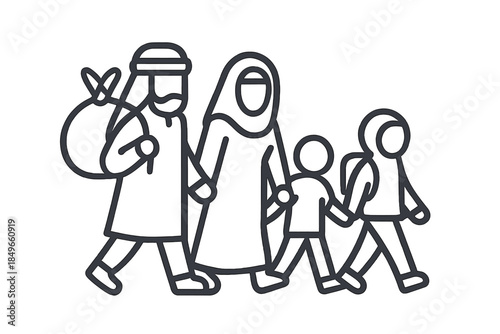 Family of refugees walking together
