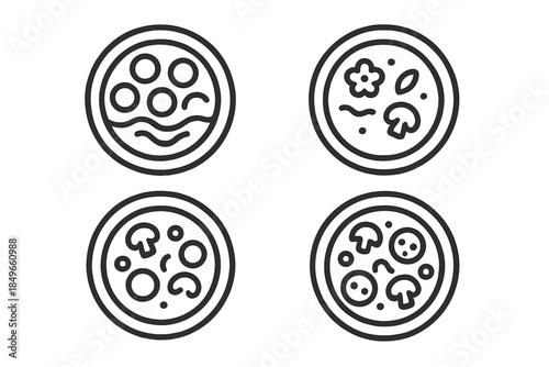 Four pizza icons with different toppings against a dark gradient background.