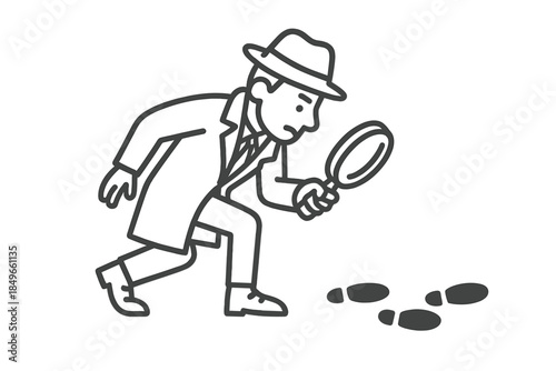 Detective examining footprints with a magnifying glass