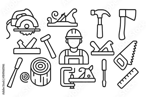 Carpentry Tools and Worker Icons