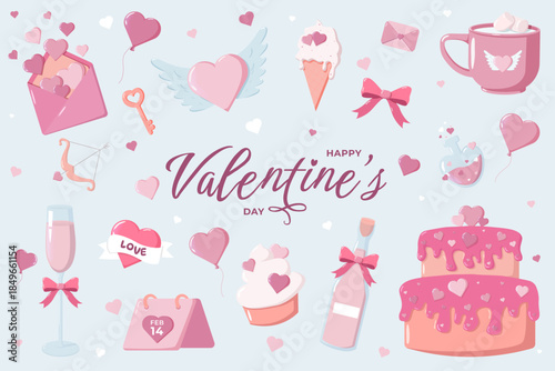 Festive Valentine illustration with hearts, cupcakes, envelopes, balloons, bows, champagne, cake and icons around Happy Valentine s Day text. Cheerful romantic design for cards, decor and party themes