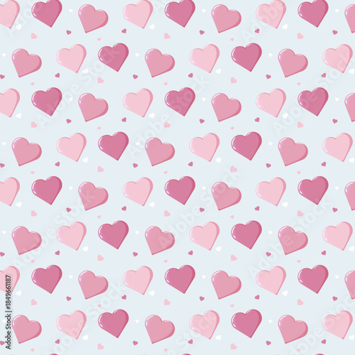 Seamless pattern of pink and red hearts with small accents on a soft pastel blue background. Playful romantic design for wrapping paper, textiles, stationery, party decor and Valentine themes