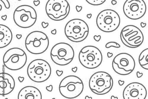 Seamless pattern of donuts and hearts on a grey background
