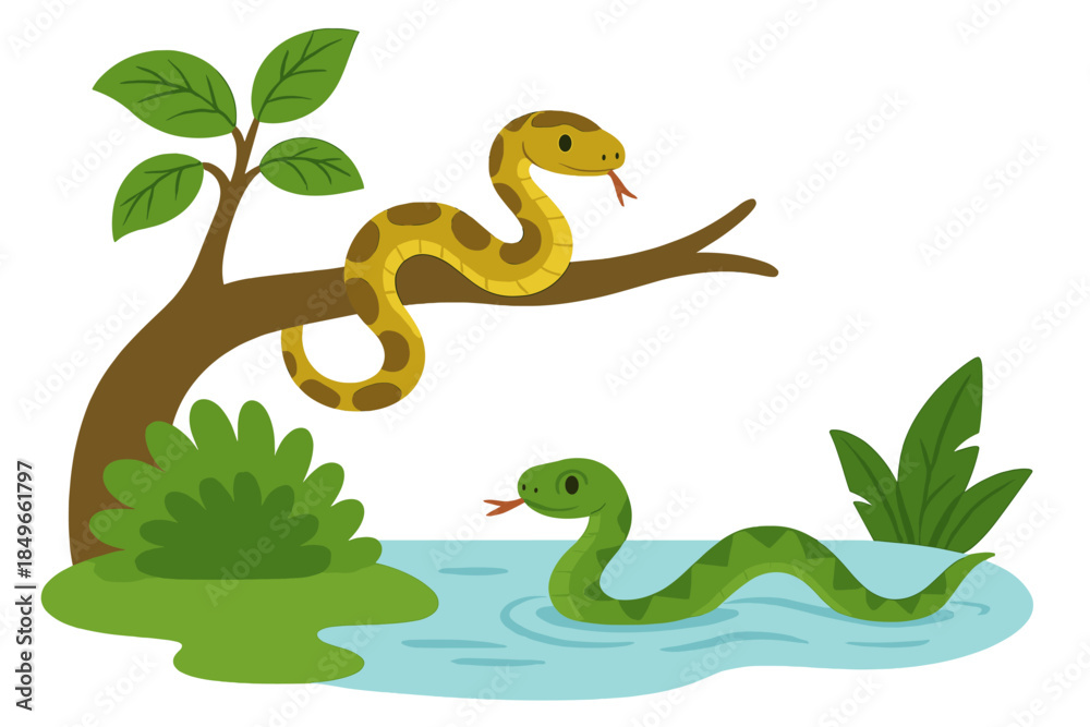Naklejka premium Two cartoon snakes in a jungle scene