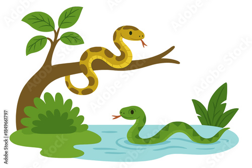 Two cartoon snakes in a jungle scene