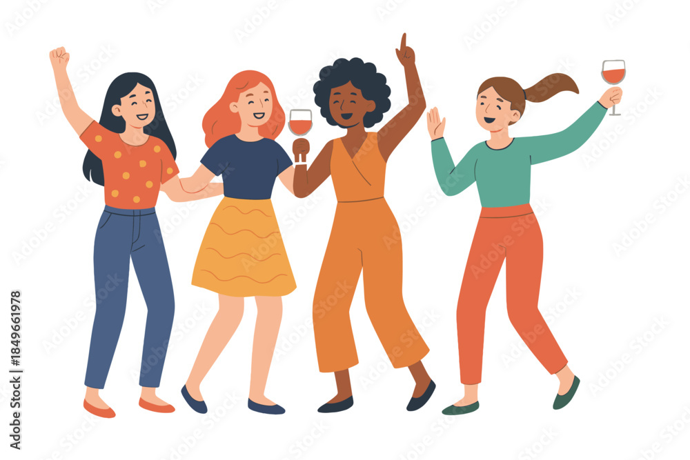 Obraz premium Four diverse friends dancing and celebrating together at a party