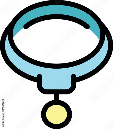 Simple cartoon drawing of a light blue dog collar with a round yellow tag hanging from it