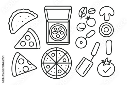 Pizza and ingredients outline icon set on grey background