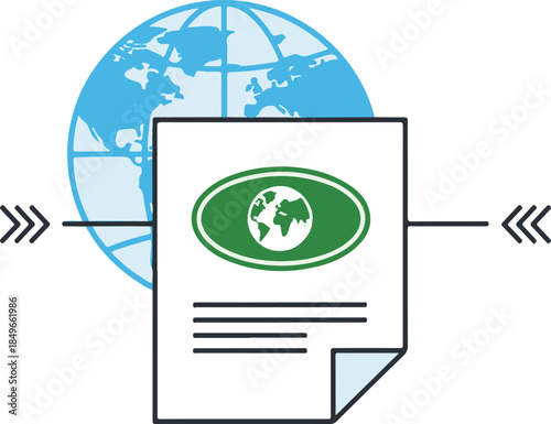A clean vector illustration shows a document with a green globe emblem positioned in front of a blue world map. It represents international trade, global logistics, or world treaties.