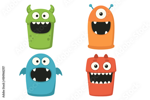 Four cartoon monsters in different colors on a gradient background