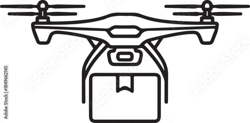 A minimalist black-and-white vector illustration of a delivery drone carrying a cardboard box. This clean line art icon represents modern automated logistics and high-tech shipping.