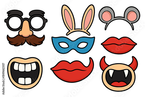 Collection of cartoon photo booth props on a dark background