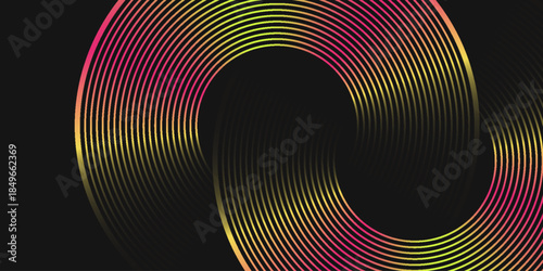 Dark geometric abstract background with overlapping circular lines in space. Modern graphic design element. eps10