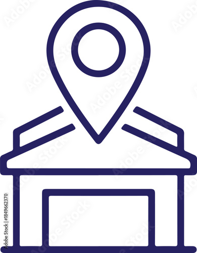 A clean, dark blue line art vector featuring a location pin hovering over a warehouse or garage building. This minimalist icon represents storage tracking, logistics hubs, and facility locations.