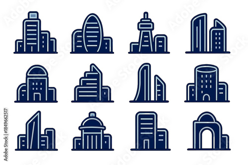 Collection of 12 futuristic and modern building icons on a dark blue gradient background