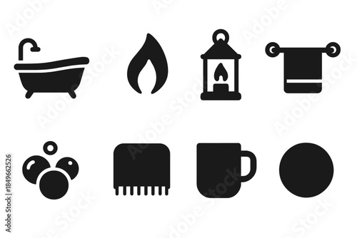 Bath & Candlelight Icons. Bath & candlelight. Filled icon set of bath & candlelight: bathtub, candle flame,