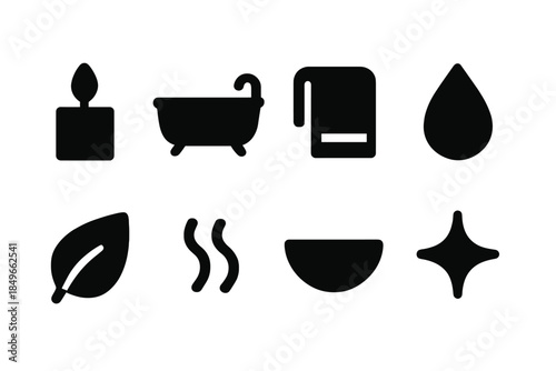 Minimal Spa Icons. Minimal spa icons. Filled icon set of minimal spa icons: candle silhouette, bath outline,