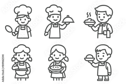 Cute cartoon chefs and waiters in outline style