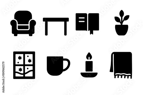 Winter Writing Icons. Winter writing nook. Filled icon set of winter writing nook: chair, table, journal,