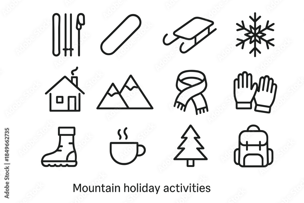 Fototapeta premium Mountain Activity Icons. Mountain holiday activities. Line outline icon set of Mountain holiday activities: