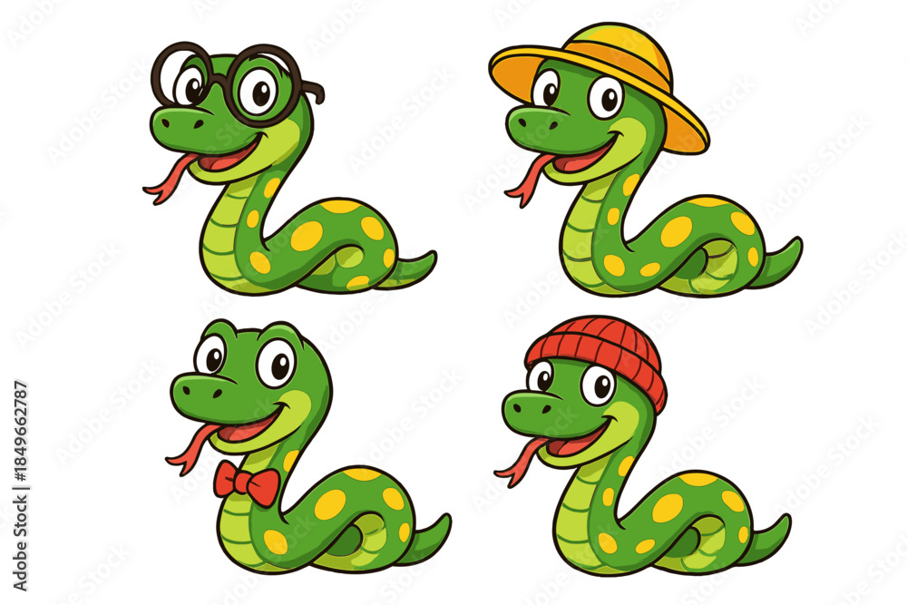 Fototapeta premium Four Cartoon Snakes Wearing Accessories
