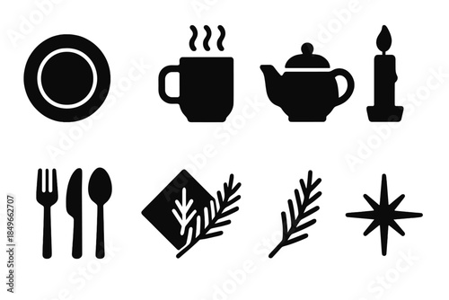 Winter Table Icon Set. Winter table setting. Filled icon set of winter table setting: plate, mug, teapot,