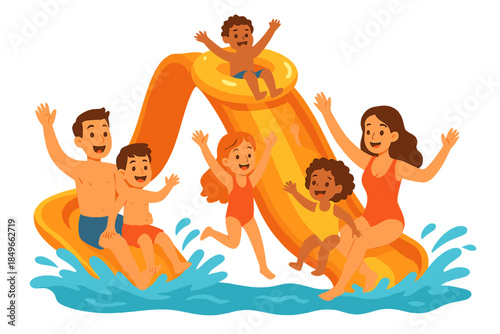 Happy Family Enjoying Water Slide at Water Park
