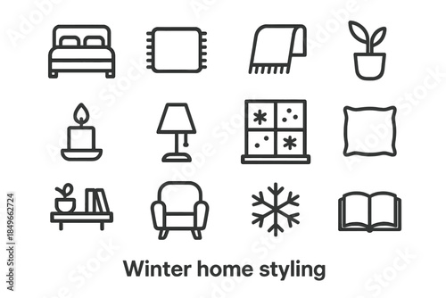 Winter Home Icon Set. Winter home styling. Line outline icon set of Winter home styling: bed, rug, blanket,