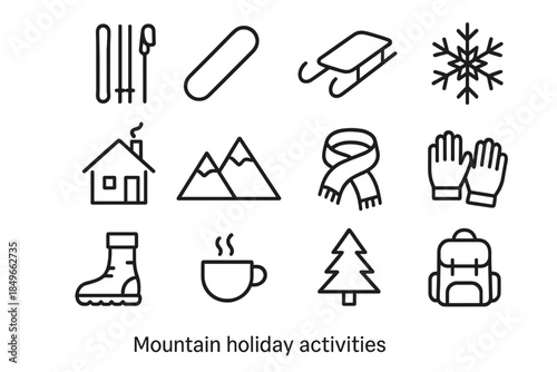 Mountain Activity Icons. Mountain holiday activities. Line outline icon set of Mountain holiday activities: