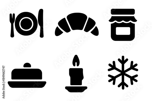 Holiday Breakfast Icons. Holiday breakfast table. Filled icon set of holiday breakfast table: plate, fork