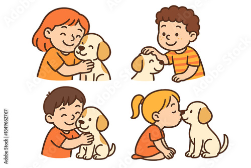 Children showing affection to puppies