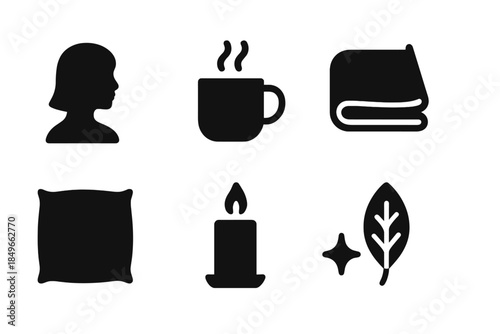Calm Winter Icons. Calm winter moment. Filled icon set of calm winter moment: girl silhouette, mug steam,
