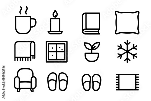 Winter Morning Icons. Slow winter morning. Line outline icon set of Slow winter morning: mug, steam lines,