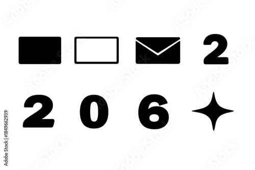 Minimal NY 2026 Icon Set. Minimal NY card 2026. Filled icon set of minimal NY card 2026: card rectangle, card